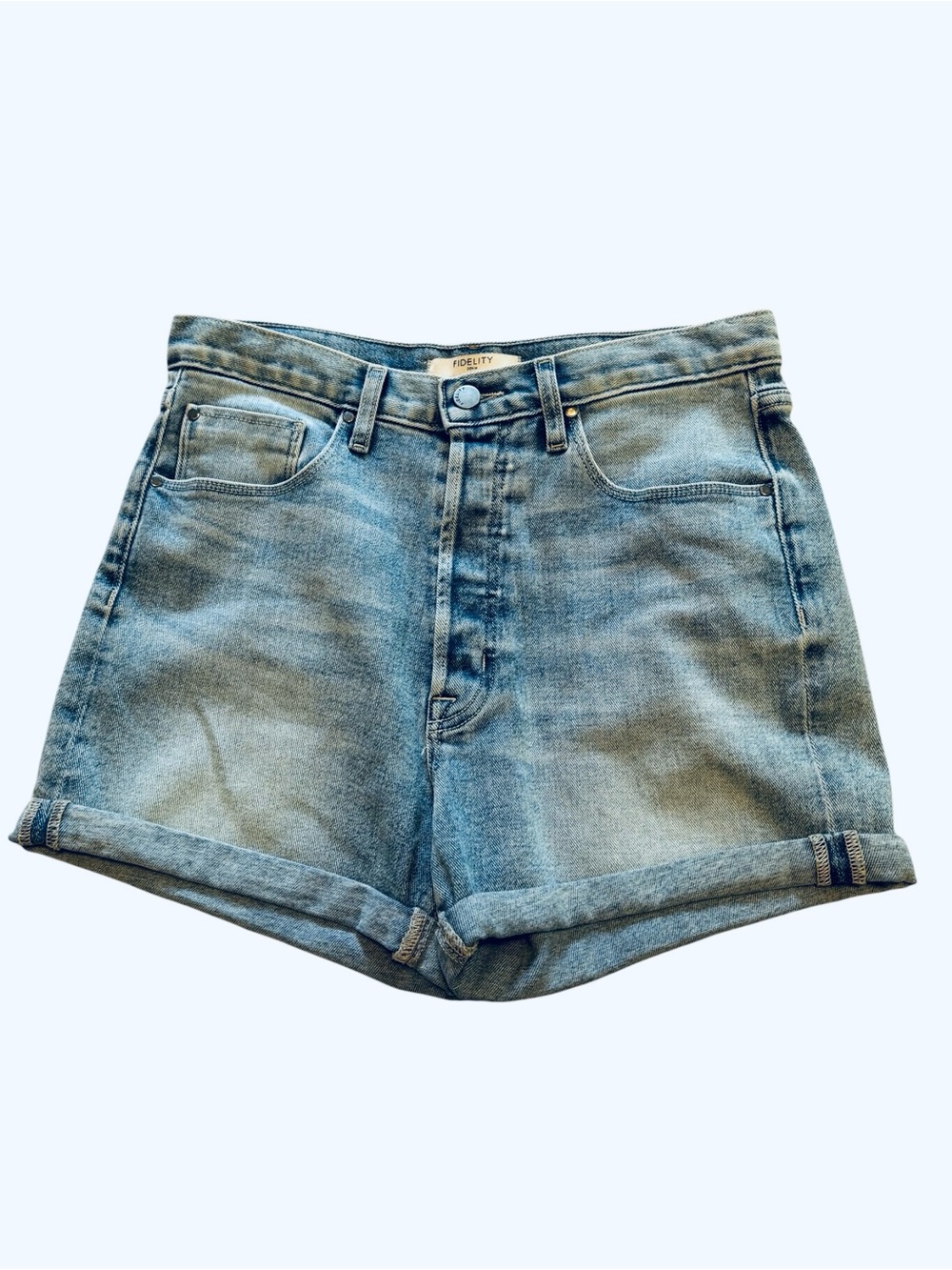 Fidelity Midwash Rolled Hem Denim Shorts Santa Ana Wash Blue Size 27